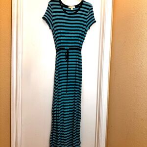 Michael Kors Teal and Black Striped Maxi Pullover Dress with Pull Tie Waistband